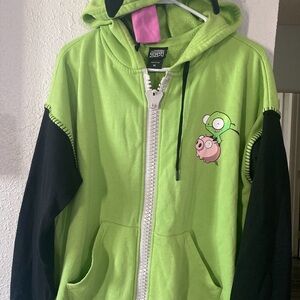 Green and Black Zip-Up Sweatshirt with Graphic